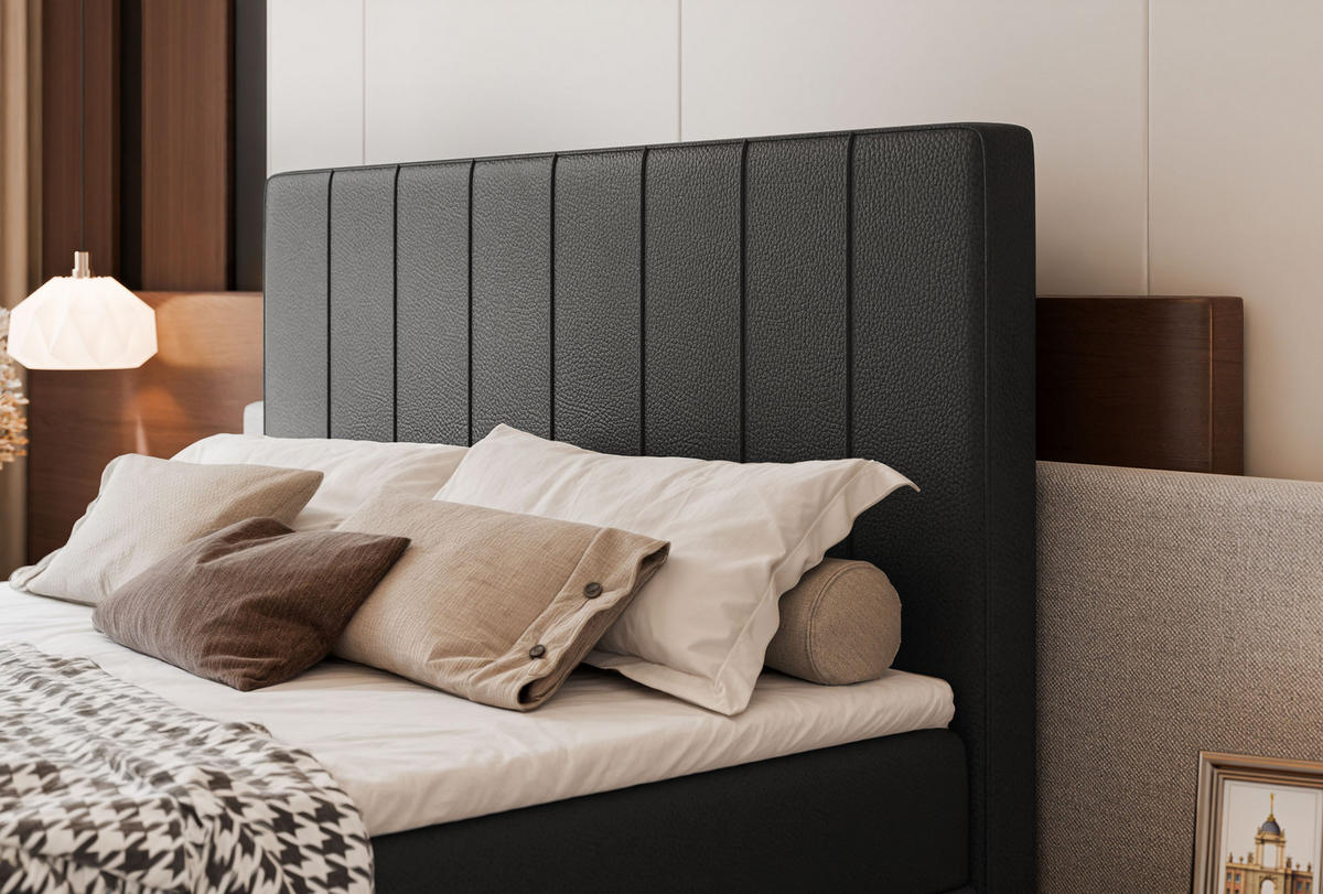 BOXBETT VERA 120x200 cm mit Matratze und Topper, Strapazierfähiges Kunstleder Schwarz - Schwarz, Kunststoff/Textil (120/200cm) - Idohome