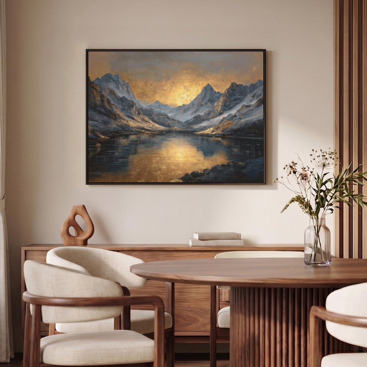 LEINWAND Bilder mit Rahmen - Bergkulisse mit goldenem Sonnenuntergang - 100x70 - Goldfarben, Textil (100/70cm) - MuchoWow