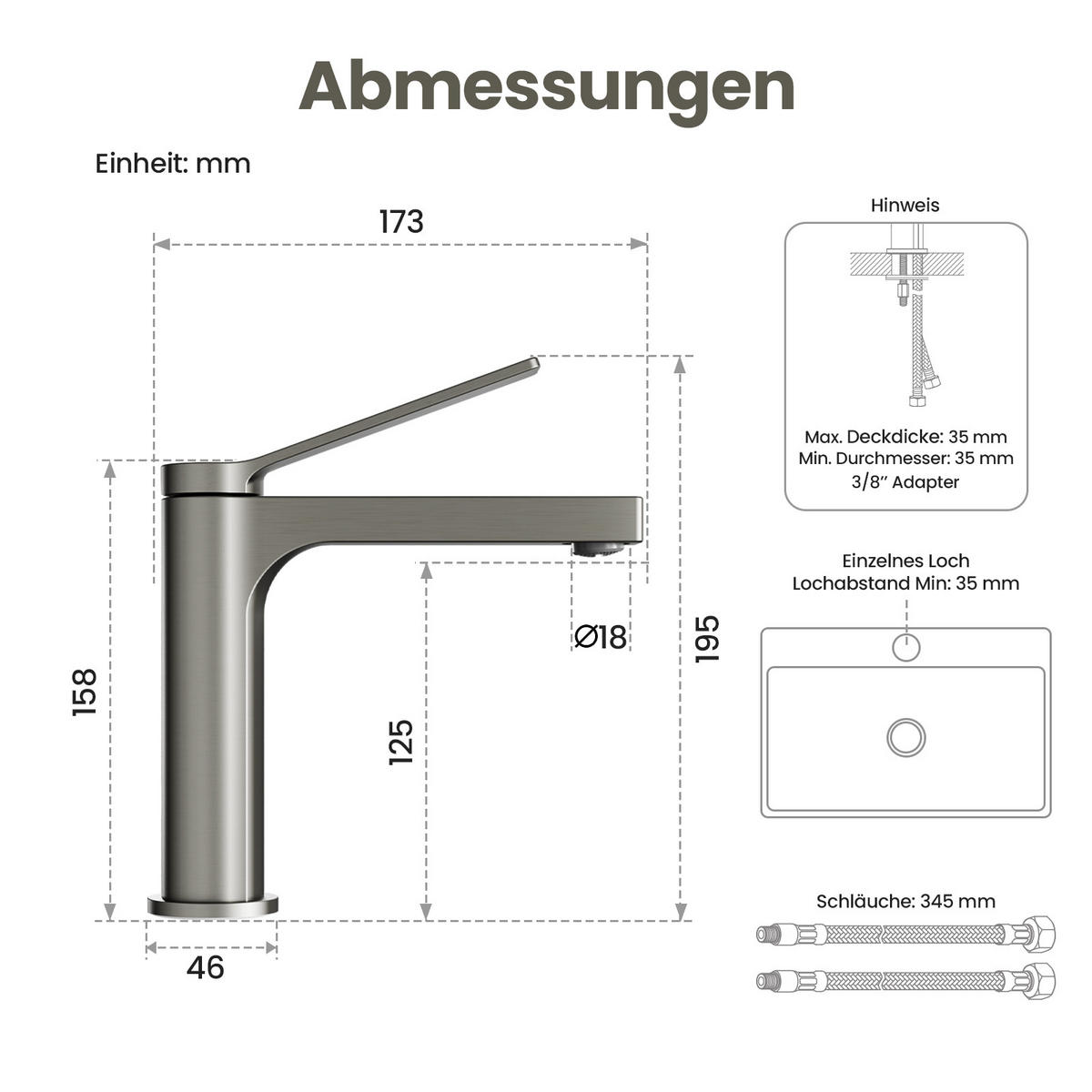 WASCHTISCHARMATUR mit Spulen-Zertifiziertem Filterelement Anthrazit Matt - Anthrazit, Metall (17.3/4.6/19.5cm) - EMKE