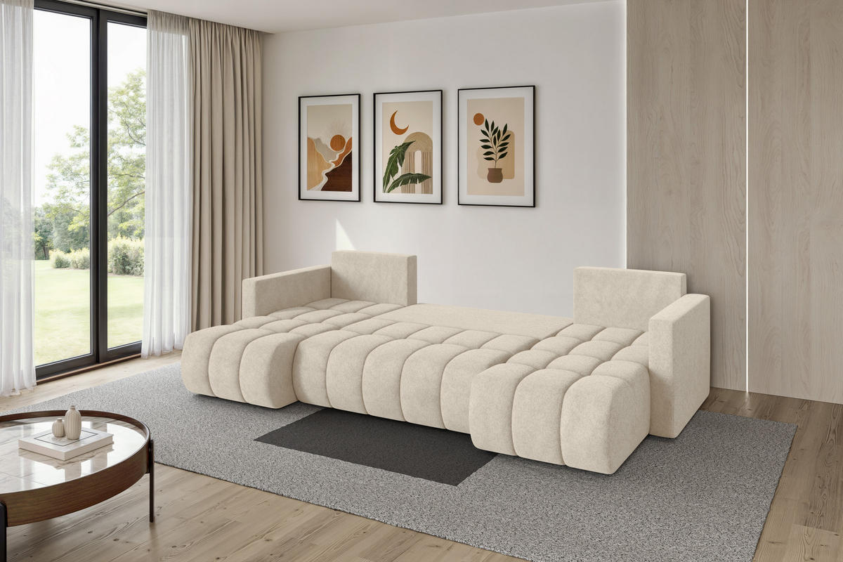 SEDACÍ SOUPRAVA DO U s funkcí spaní a úložným prostorem GARD-U 300x146x85 krémová velur - černá/krémová, kompozitní dřevo/textil (300/85/146cm) - ALTDECOR