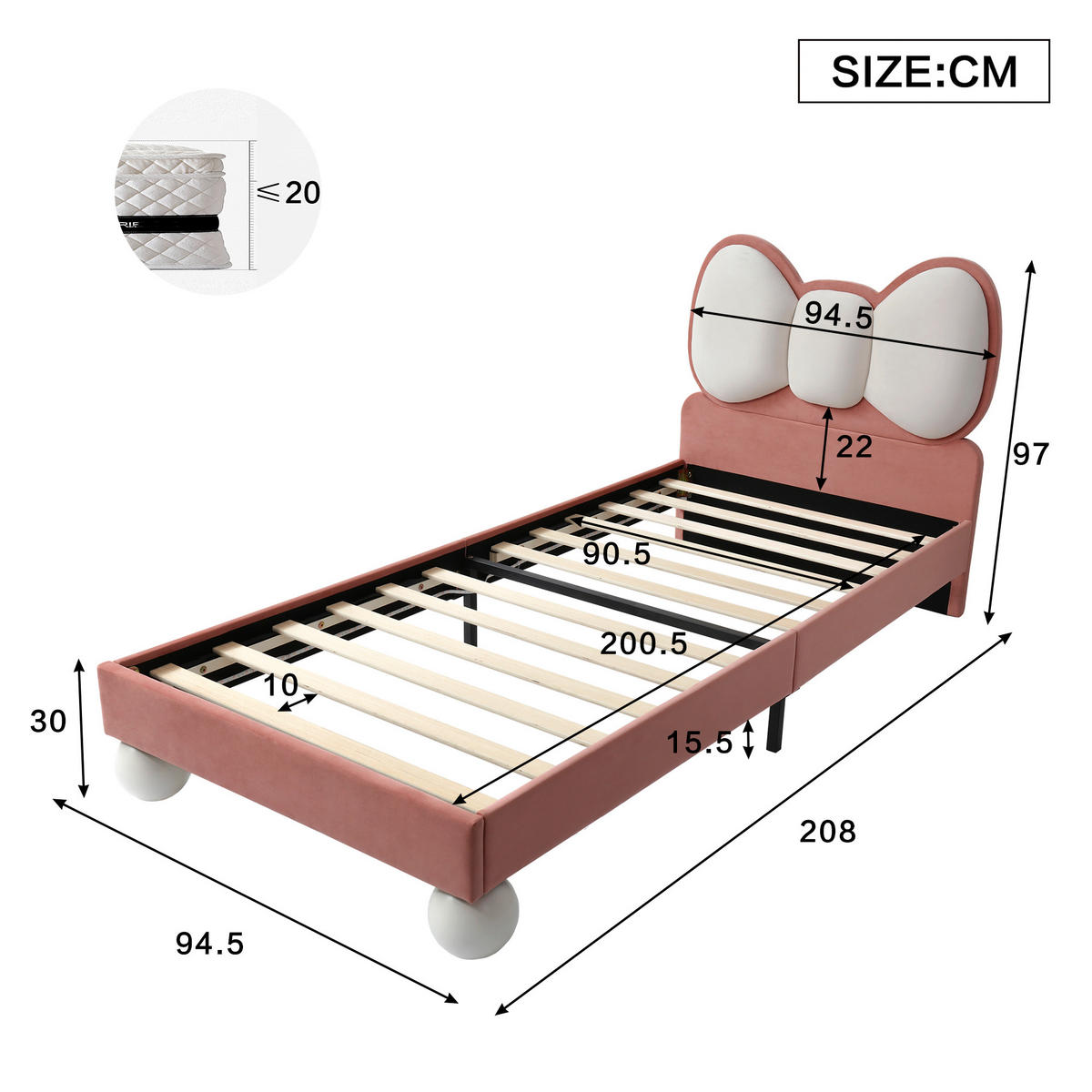 KINDERBETT 90/200 cm rosa aus Samt mit LED-Lichtleiste - Rosa, Textil (90/200cm) - OKWISH