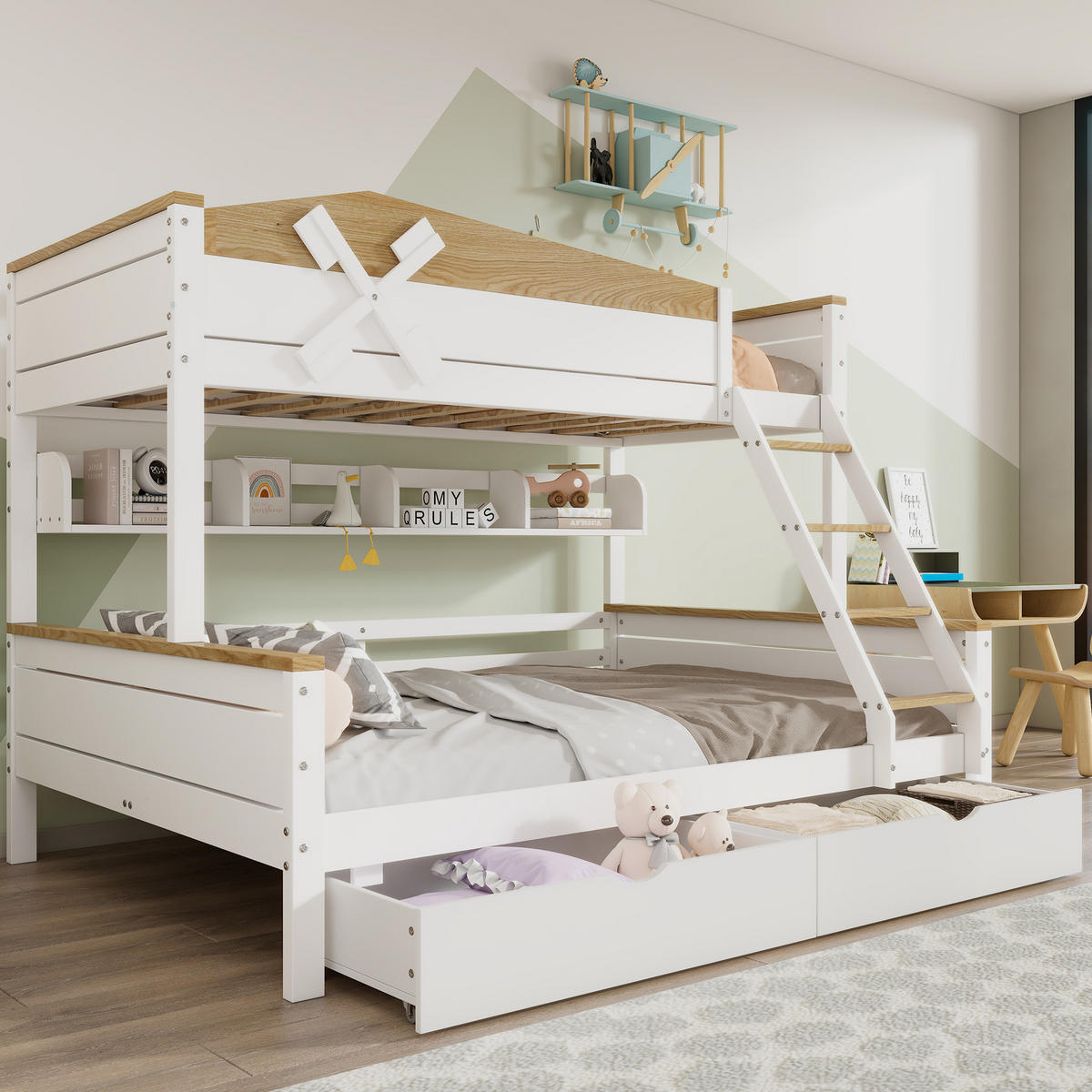 ETAGENBETT 90/200 cm & 140/200 cm mit Regalen und Schubladen in Weiß/Natur - Weiß, Holzwerkstoff (90/200cm) - BEAOK