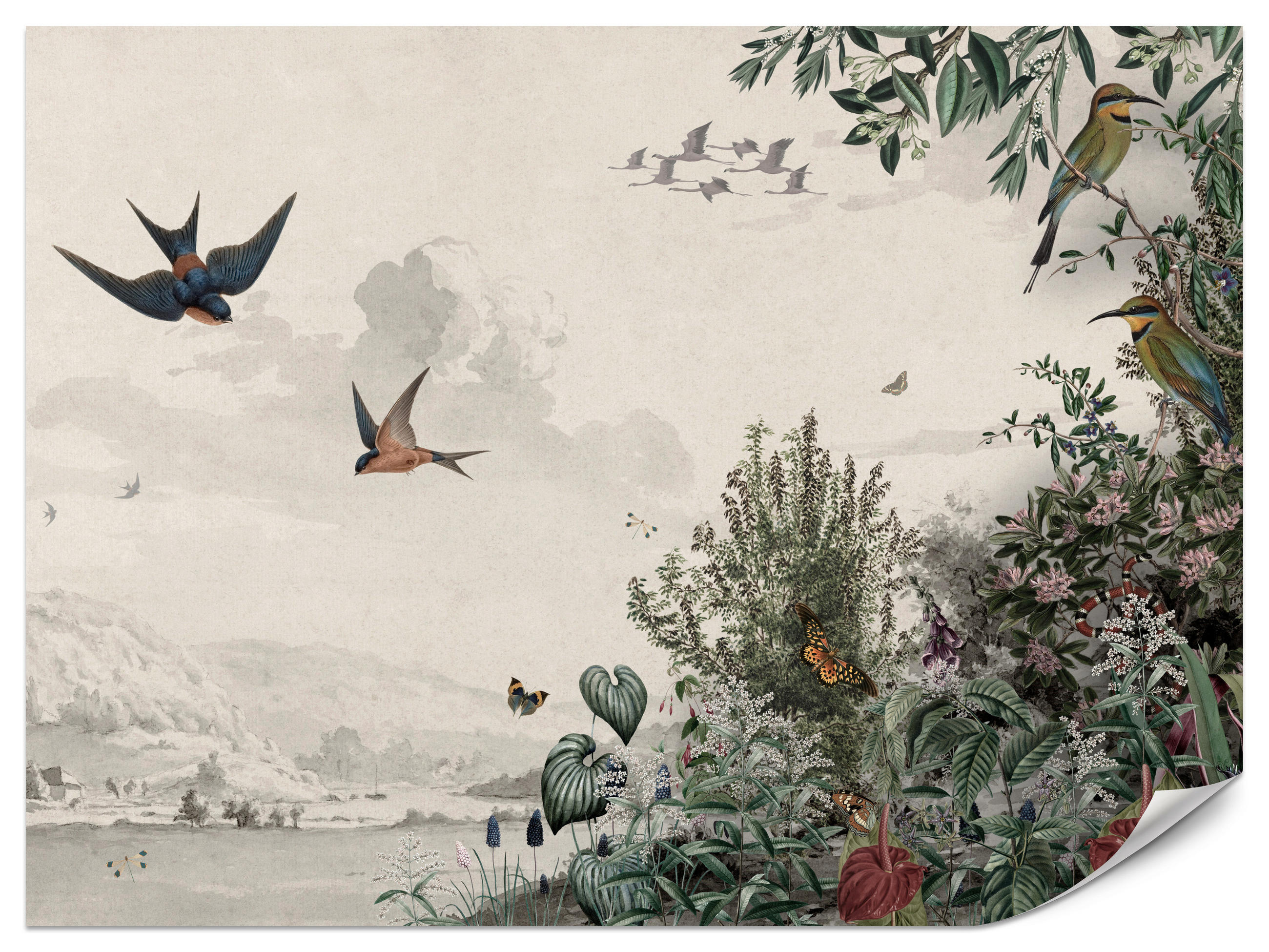 FOTOTAPETE für Wohnzimmer Retro Tropenlandschaft Vögel Büsche 400x280 - Beige/Rot, Papier (400/280cm) - Muralo