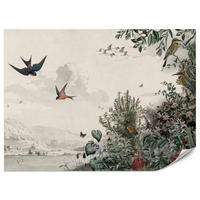 FOTOTAPETE für Wohnzimmer Retro Tropenlandschaft Vögel Büsche 400x280 - Beige/Rot, Papier (400/280cm) - Muralo