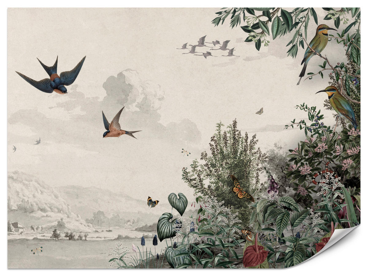 FOTOTAPETE für Wohnzimmer Retro Tropenlandschaft Vögel Büsche 400x280 - Beige/Rot, Papier (400/280cm) - Muralo