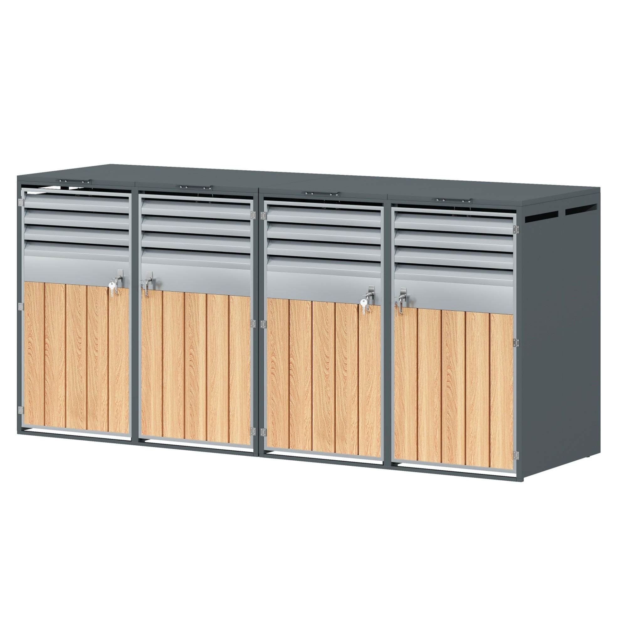 Modfu BOX na popelnice z oceli 264x80x118 cm šedo-dřevěný se 4 oddíly, hydraulickým víkem, větráním a zámkem
