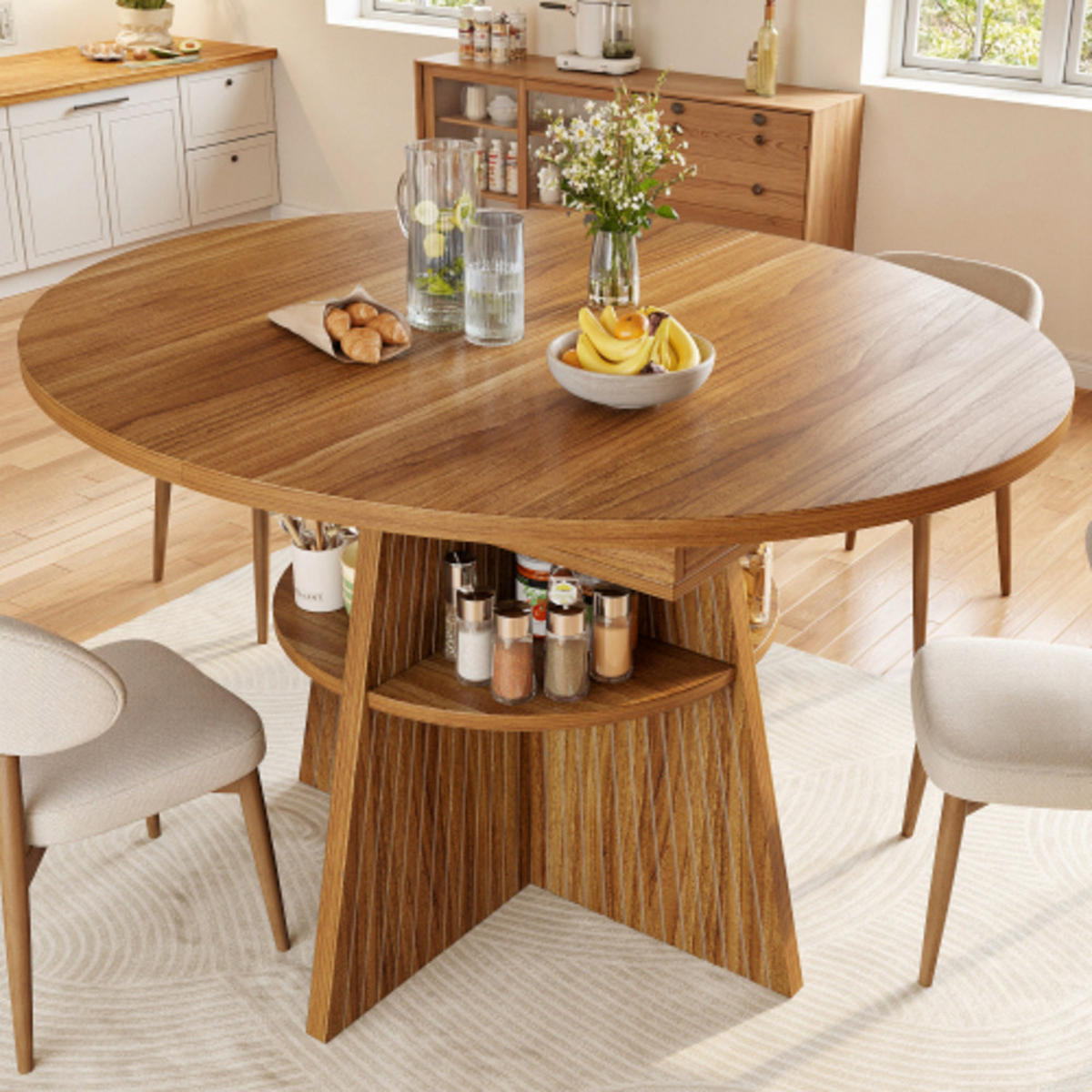 ESSTISCH Ausziehbarer 110-150×110×76 cm aus MDF und Metall mit Säulenfüßen und unterer Ablage, dunkelbraun - Dunkelbraun, Holzwerkstoff (150/110/76cm) - Luhomfu