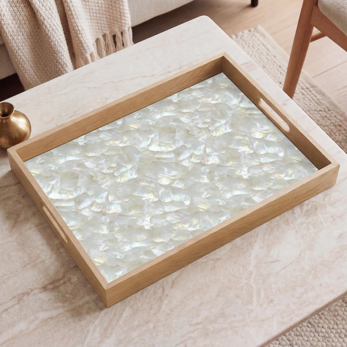 SERVÍROVACÍ PODNOS Perleťový lesk - Bílá - Shell 50x35 cm - bílá, dřevo (50/5/5cm) - OnlyWow