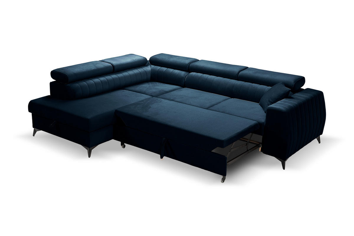 ECKSOFA PIERO L Links mit Schlaffunktion 195x125 Velours Dunkelblau - Schwarz/Dunkelblau, Holz/Textil (268/203cm) - Muffo
