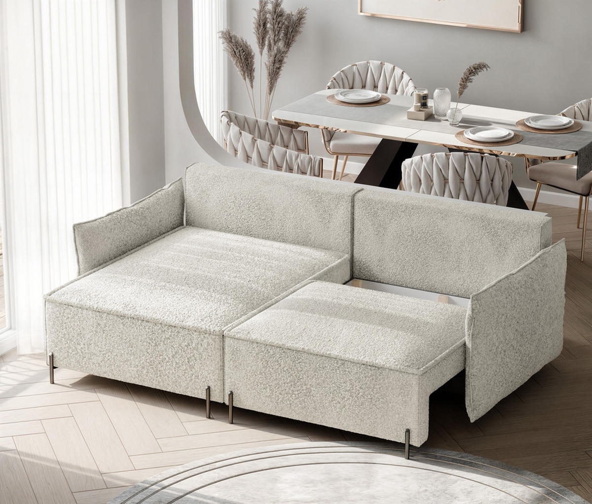 ECKSOFA MARCO Links, mit Schlaffunktion und Bettkasten, Creme - Creme, Textil/Metall (221/148cm) - Idohome