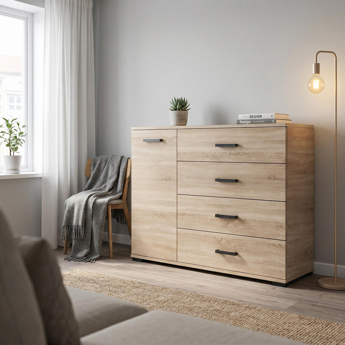 KOMMODE ALBANO 120/83/40cm mit 4 Schubladen 1 Türen Sonoma Eiche - Sonoma Eiche, Holzwerkstoff (120/83/40cm) - MASSENO