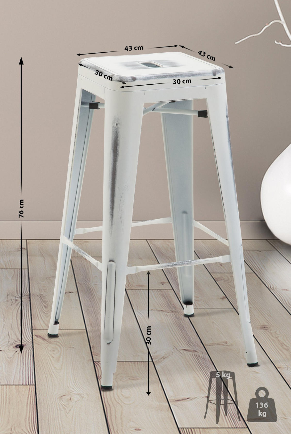 BARHOCKER MILAN Antik-Weiß Metall - Weiß, Metall (43/76/43cm) - DELUKE