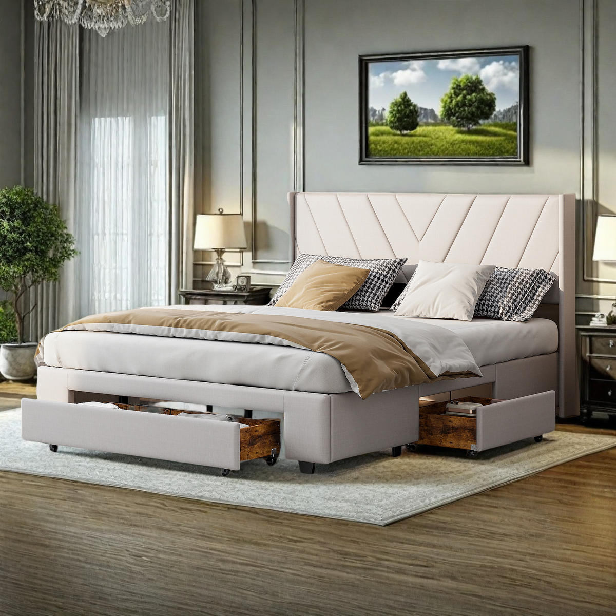 POLSTERBETT 140x200 cm Beige Stoff 3 Schubladen Stauraum - Beige, Holz (140/200cm) - SHOPENTRA