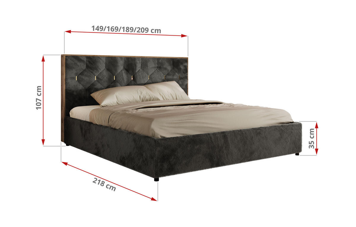 POLSTERBETT LARINO CLASSIC 180/200 - Dunkelgrau Plüsch - Schaum-Matratze - Dunkelgrau, Textil (180/200cm) - MKS