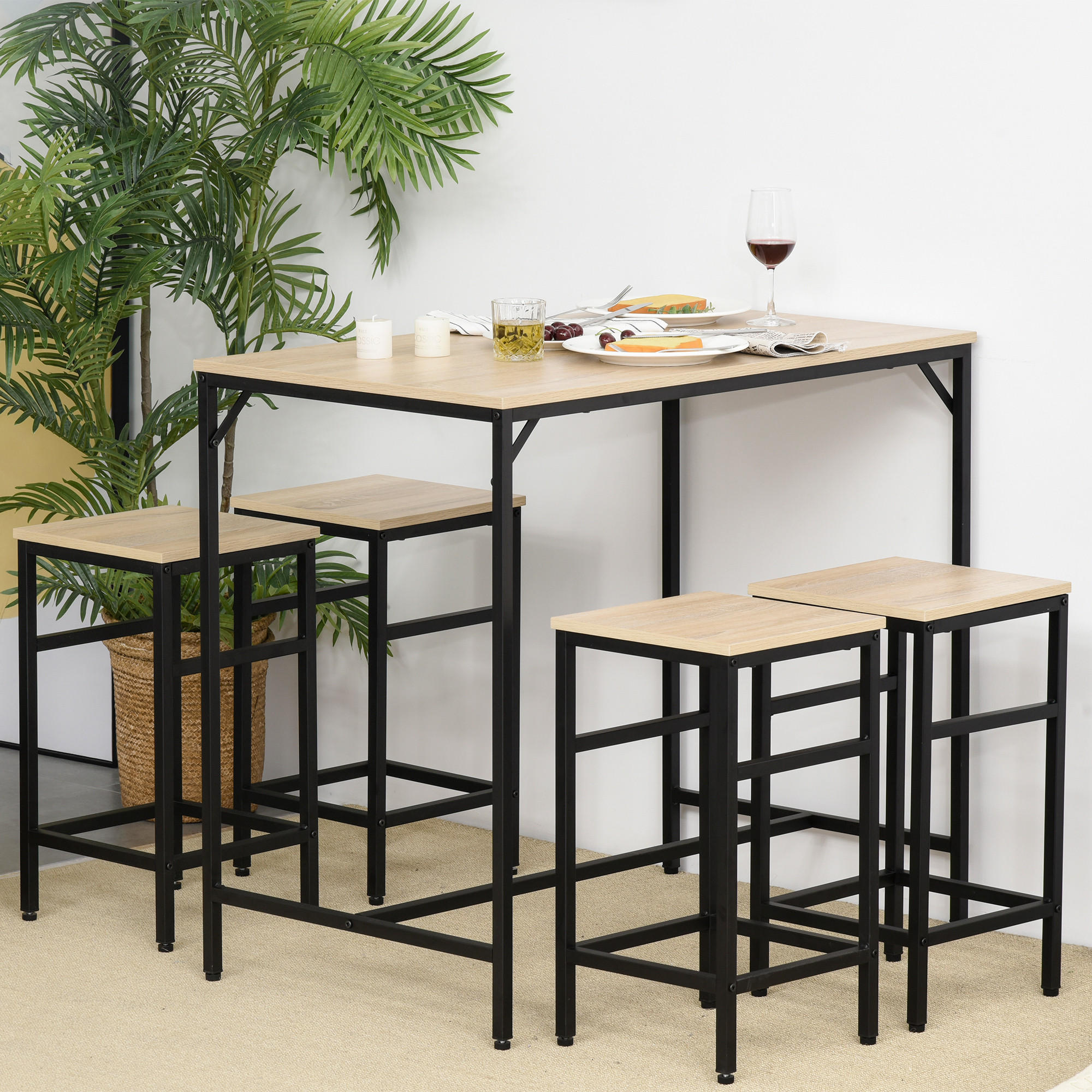 BARTISCH-SET, Spanplatte, Stahl, Eiche - Eichefarben, Kunststoff (60/88/100cm) - HOMCOM