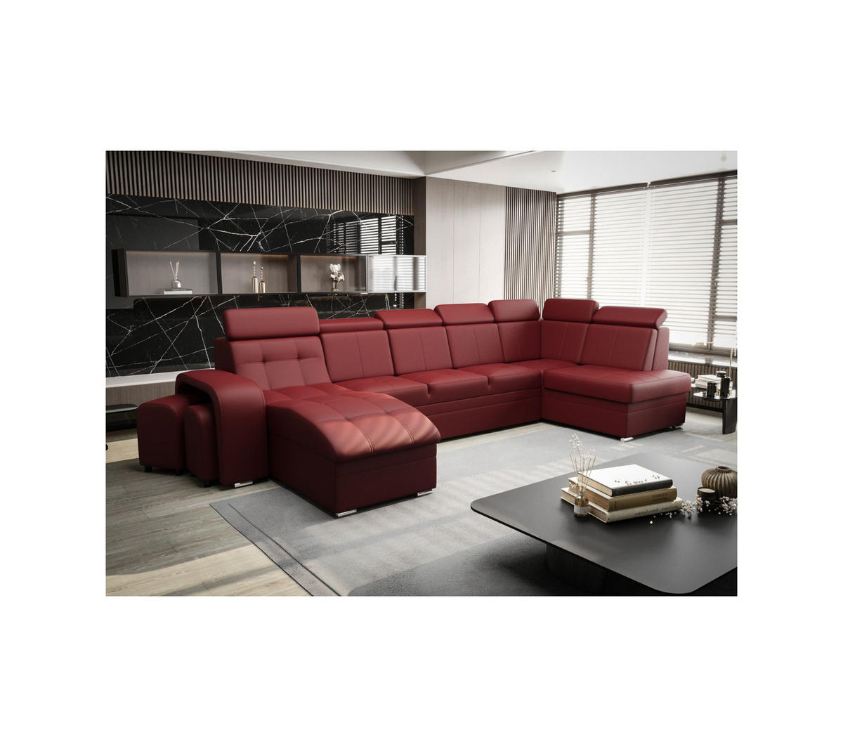 WOHNLANDSCHAFT KONGO RBN13, Eckcouch in U-Form mit Schlaffunktion, Farbe: Rot, Kunstleder, Ottomane Links - Rot, Textil (392/108/180cm) - O-Sofa