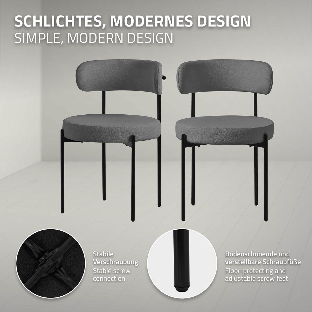 ESSZIMMERSTUHL 6er Set Teddystoff grau - Schwarz/Grau, Metall (53/78/50cm) - ML-DESIGN