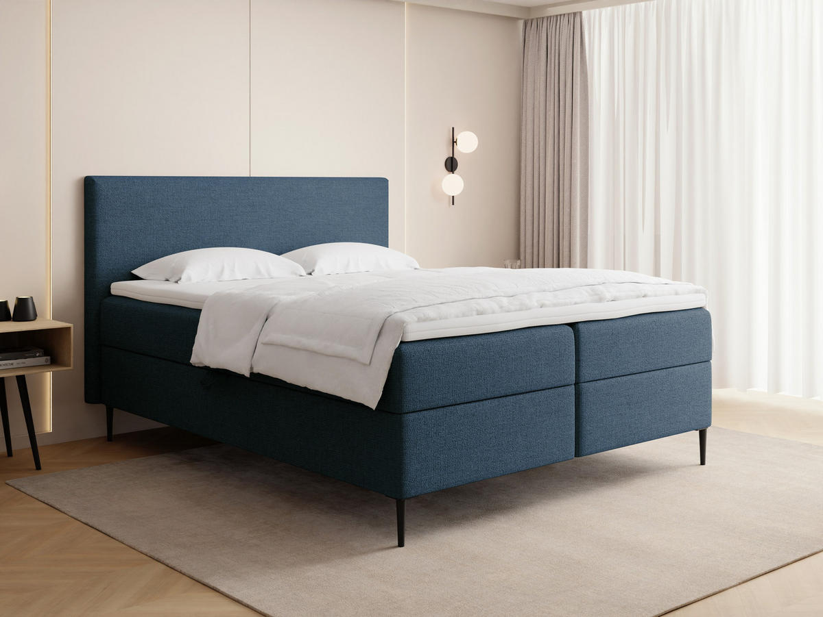 BOXBETT Alba Rise mit Bettkasten, Dunkelblau Chenille 140x200 cm – inkl. H4 Taschenfederkern Matratze & Foam Topper - Blau/Schwarz, Holz/Textil (140/200cm) - WFL GROUP