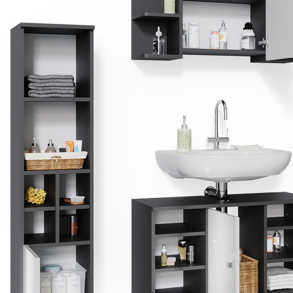 BADMÖBEL-SET Fynn Anthrazit 3 Teile, mit Midischrank Tür klein - Anthrazit/Weiß, Holzwerkstoff (60/54/32cm) - Vicco