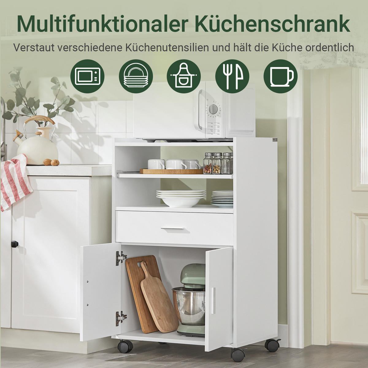 KÜCHENWAGEN mit Arbeitsplatte, Weiß, Mikrowellenschrank mit 4-in-1-Ladestation, 61,5 x 92 x 40 cm, Rollen (2 feststellbar) oder Standfüße, PB/MDF - Weiß, Holzwerkstoff (59/92/40cm) - SoBuy