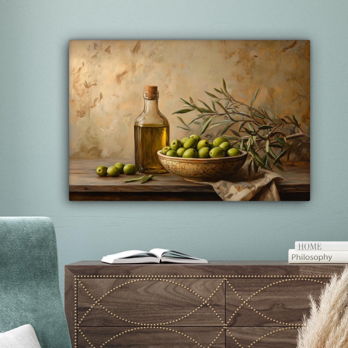 LEINWANDBILD Oliven - Stilleben - Vintage Gemälde 60x40 cm - Olivgrün, Textil (60/40cm) - MuchoWow