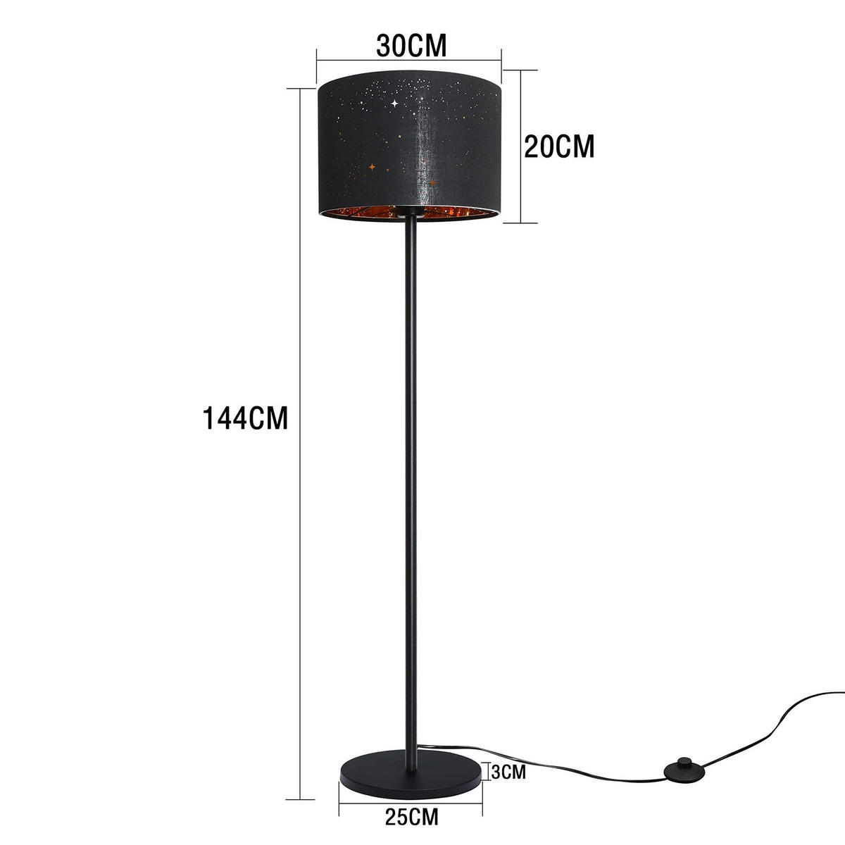 STEHLEUCHTE Willard 30/25/144 cm - Schwarz, Metall (26/20/110cm) - Nettlife