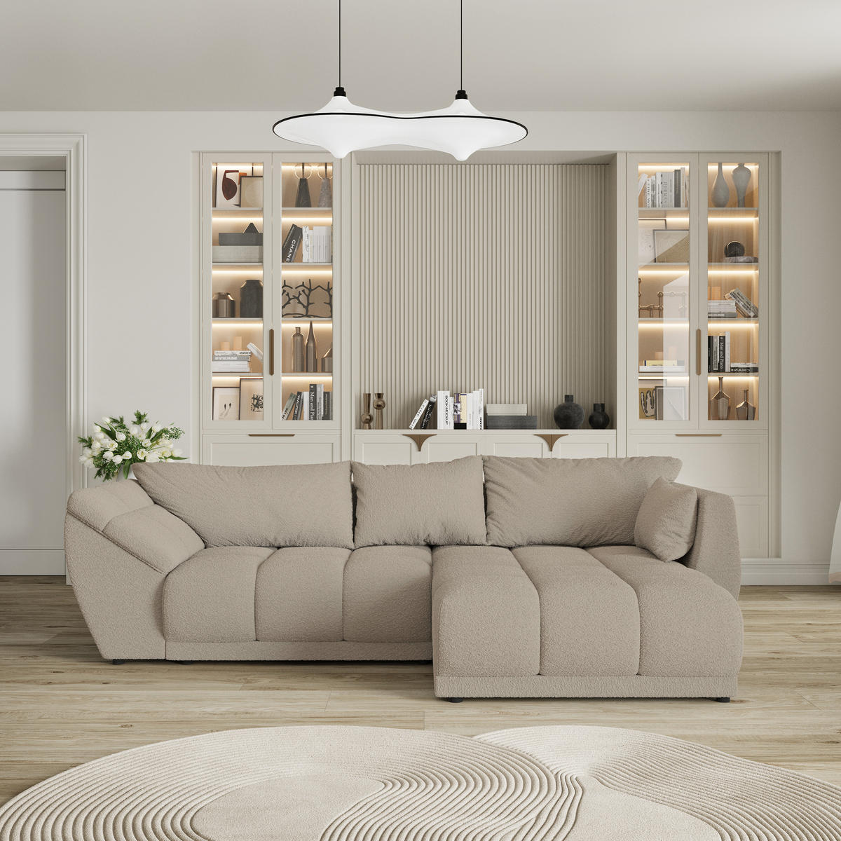 ROHOVÁ SEDAČKA ORENTI béžová - černá/béžová, dřevo/textil (287/182cm) - MASSENO