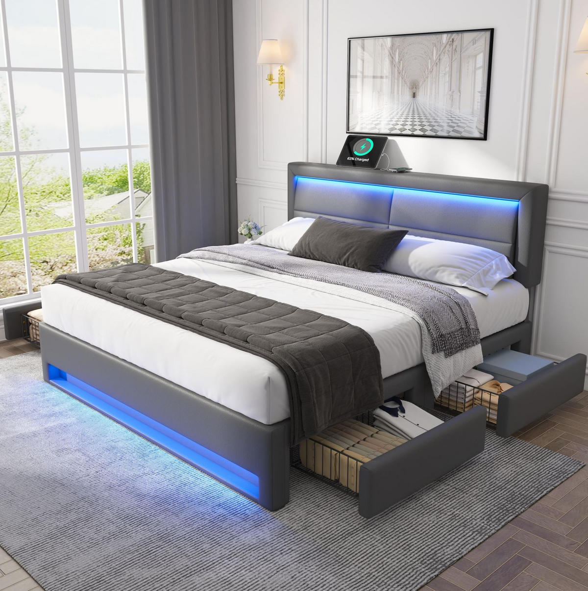 POLSTERBETT 140/190 cm Grau aus PU mit LED, USB und 4 Schubladen - Grau, Kunststoff (140/190cm) - Flora Grace