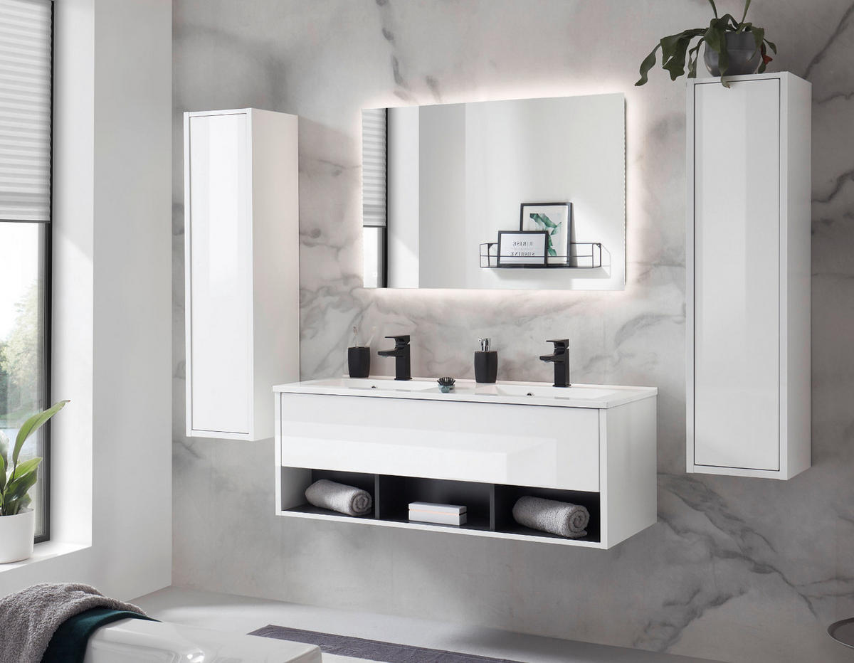 BADMÖBEL-SET weiß Hochglanz, grau, Komplettset mit Doppelwaschbecken und LED Beleuchtung - Weiß Hochglanz/Grau, Glas/Holzwerkstoff (200/190/47cm) - Furn.Design