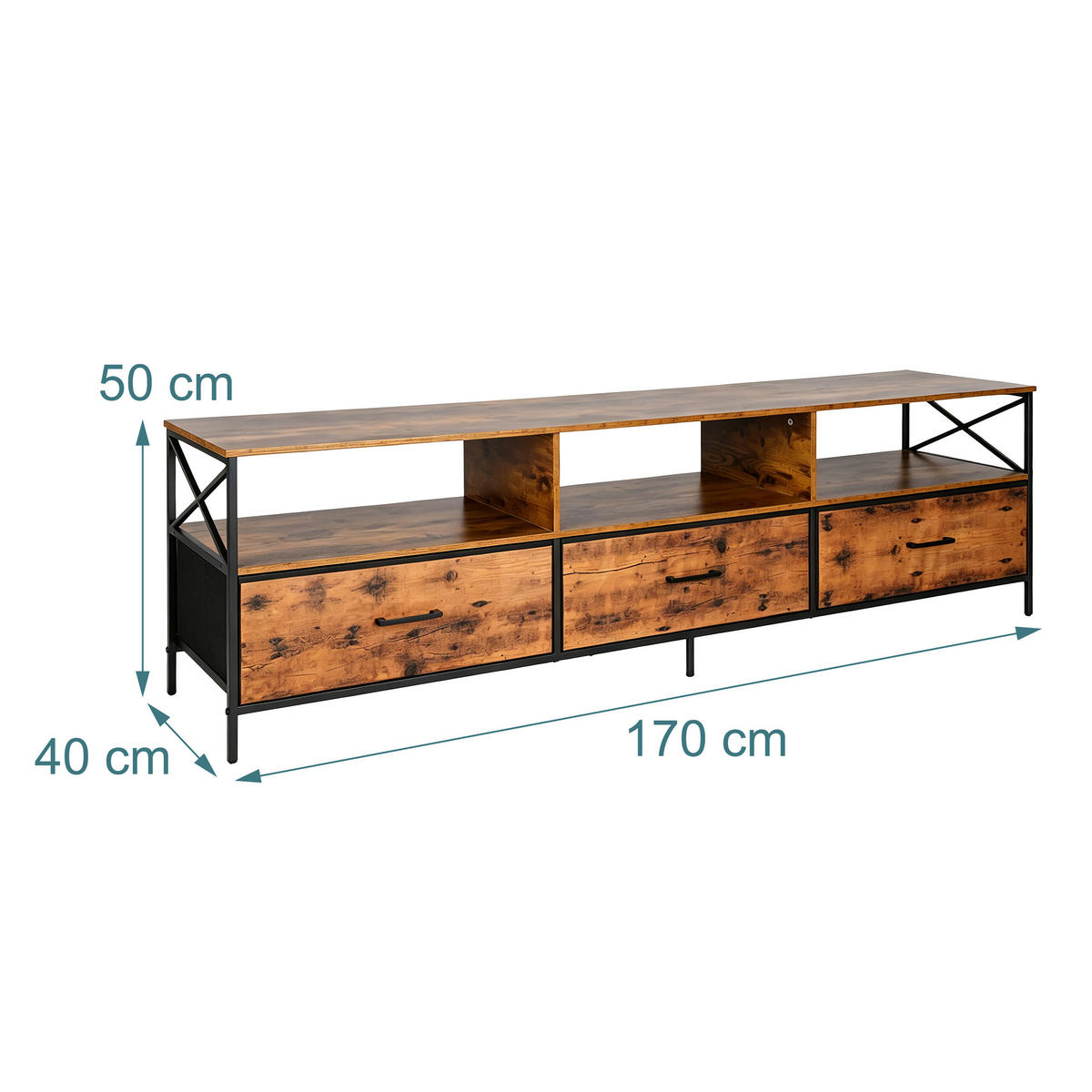 TV-LOWBOARD Industrial-Schwarz Stoffschubladen 170 cm - Braun, Holzwerkstoff/Textil (170/50/40cm) - Relaxdays