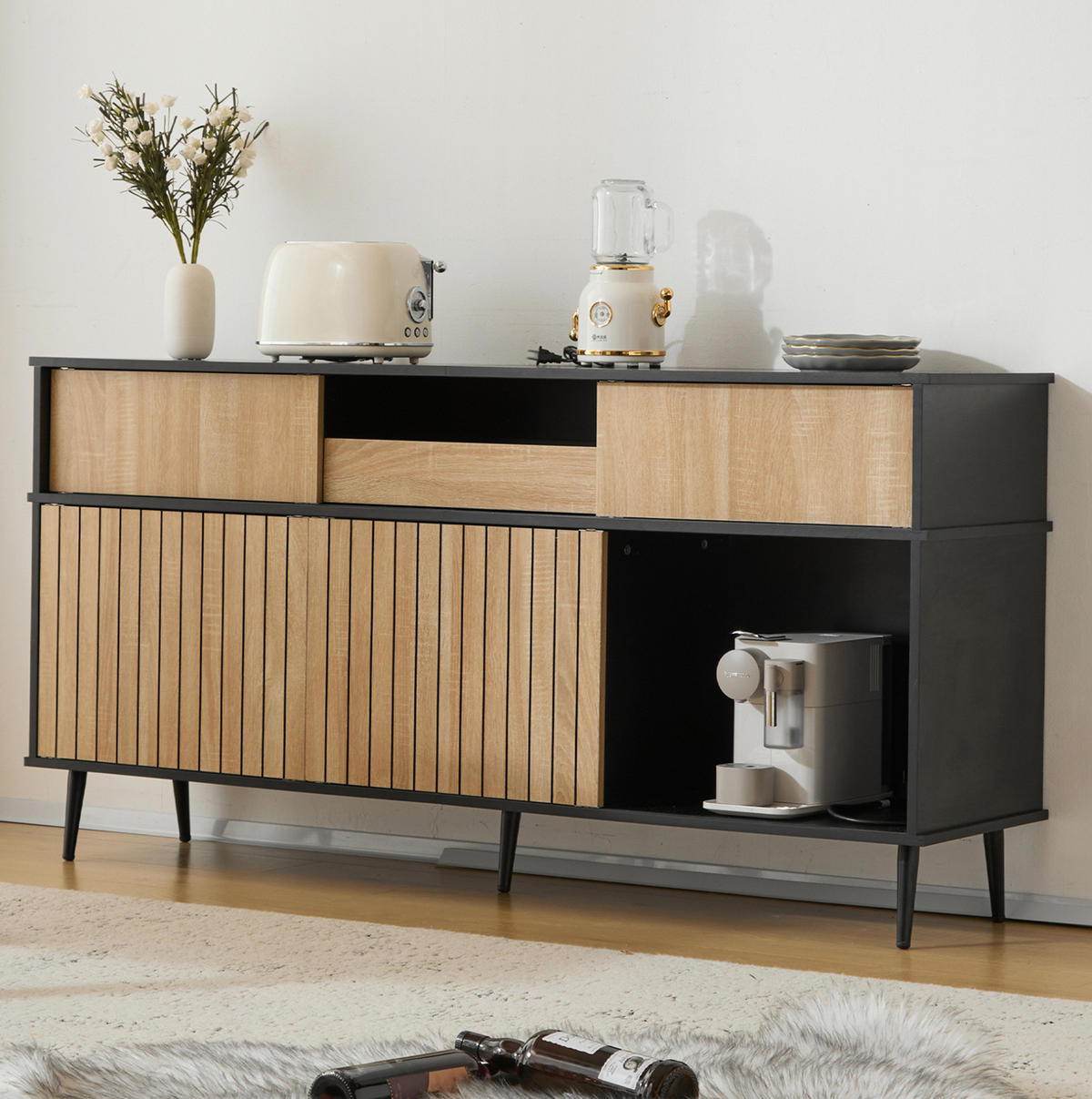 KOMMODE aus Spanplatte 40x160x80 cm Schwarz/Natur mit 4 Schiebetüren, 1 Schublade und verstellbaren Regalen - Schwarz, Holzwerkstoff (160/80/40cm) - Modfu