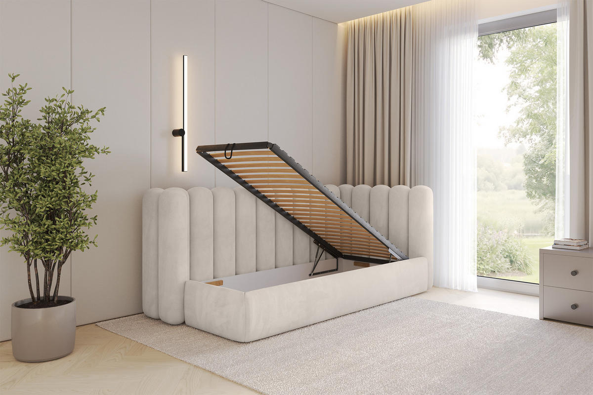 EINZELLBETT Jugendbett mit Bettkasten und Matratze H3/H4, Links - HUGY 100x200 Beige - Ecru, Holzwerkstoff/Textil (100/200cm) - ALTDECOR