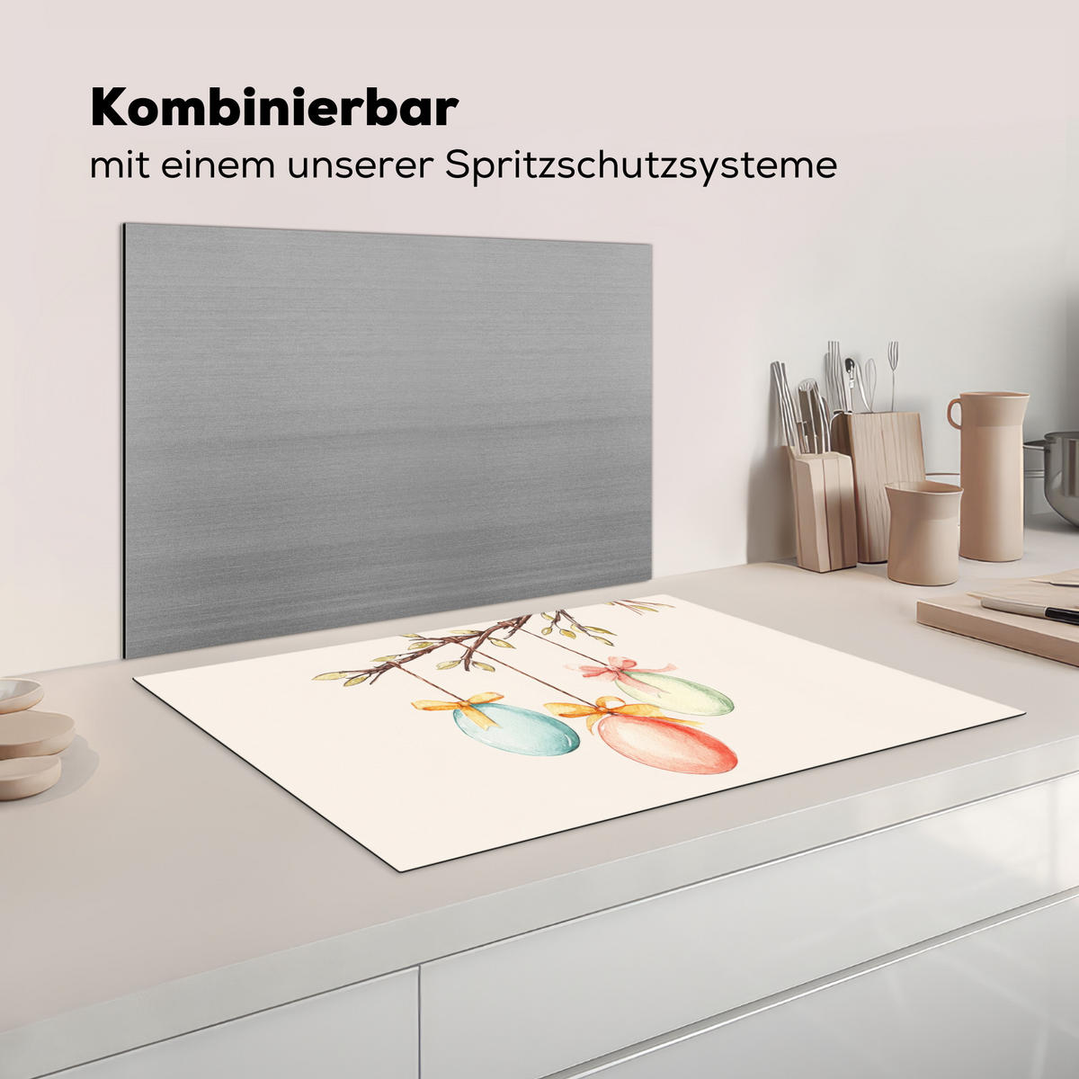 HERDABDECKPLATTE Osterkuchen - Schleife - Eier Ceranfeldabdeckung 78x52 cm - Creme, Kunststoff (78/52/0.2cm) - MuchoWow