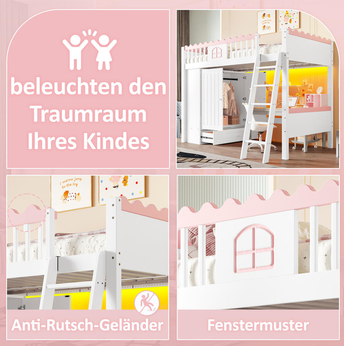 HOCHBETT 90/200 cm in Weiß mit Kleiderschrank, Schublade und LED-Leiste - Weiß, Holz (90/200cm) - BEAOK