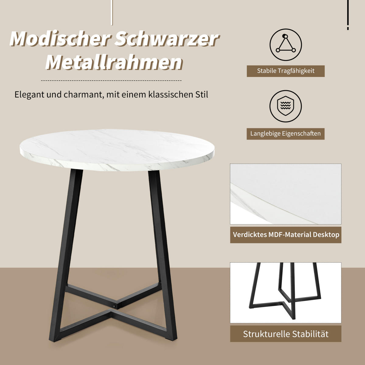 JÍDELNÍ stůl 80/80/75 cm bílý z MDF a kovu s mramorovým dekorem - bílá, kompozitní dřevo (80/80/75cm) - OKWISH