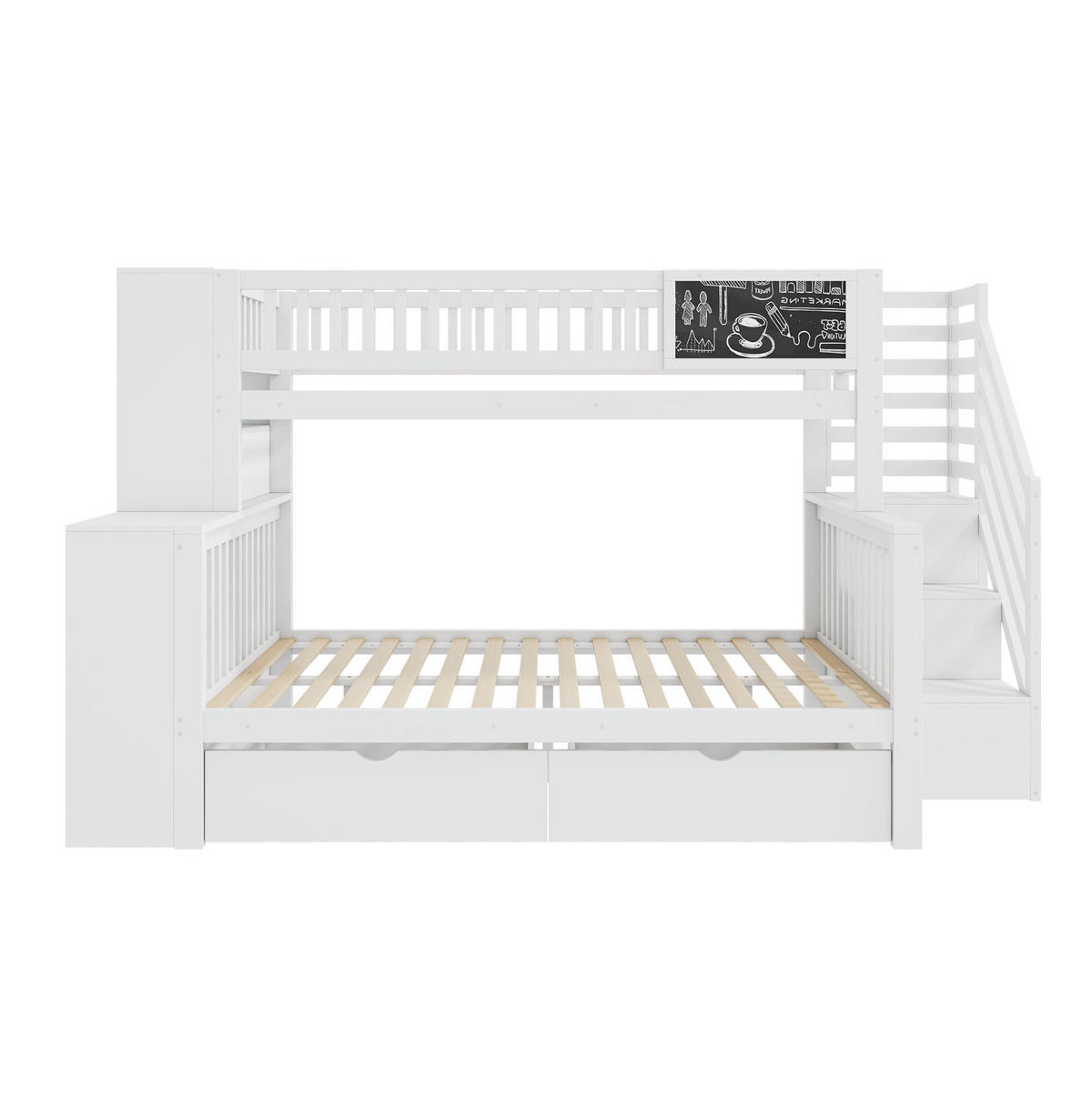 ETAGENBETT 90/200 & 140/200 cm aus Kiefer massiv mit Tafel und Stauraumtreppe Weiß - Weiß, Holz (140/200cm) - Modenvie