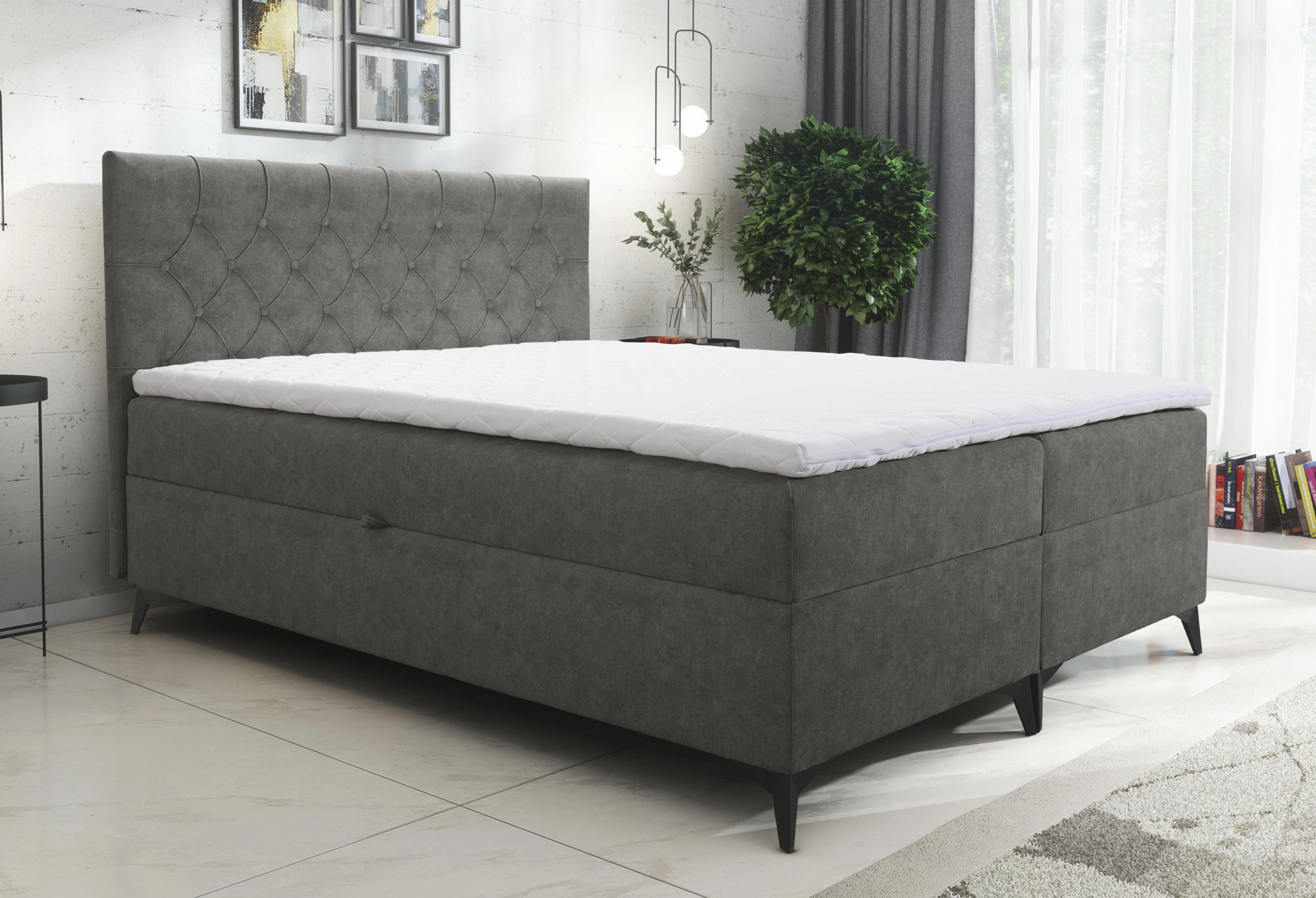 BOXBETT Palmeria 140/200 cm in Graphit – mit Bettkasten und Topper - Schwarz/Grau, Holz/Holzwerkstoff (140/200cm) - AX Living