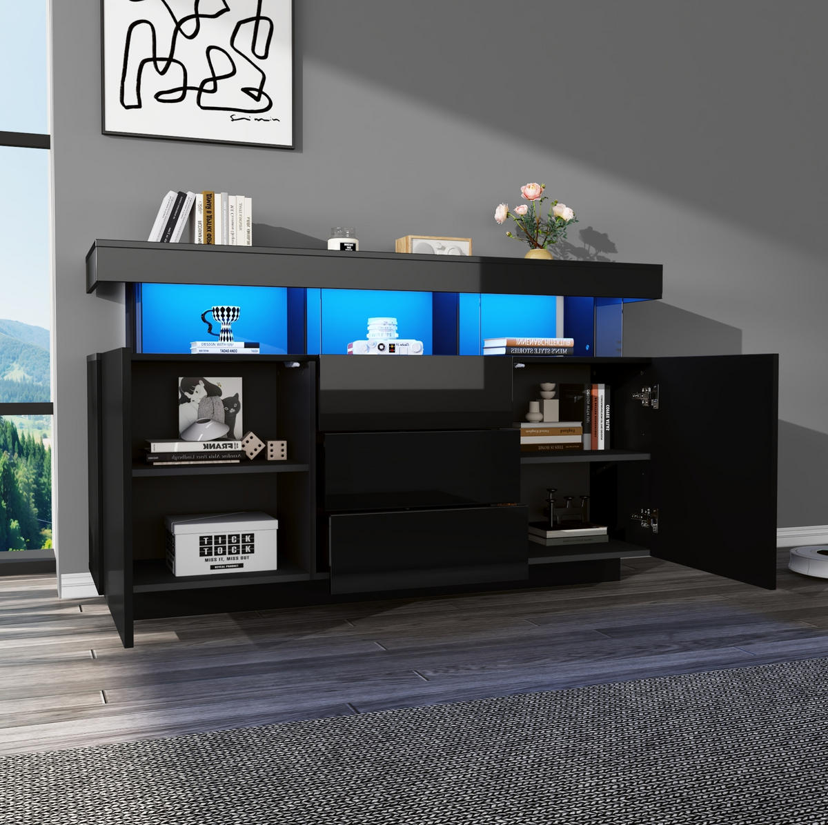 SIDEBOARD 140/35/80 cm schwarz aus Spanplatte mit LED-Beleuchtung - Schwarz, Holzwerkstoff (35/80/140cm) - OKWISH