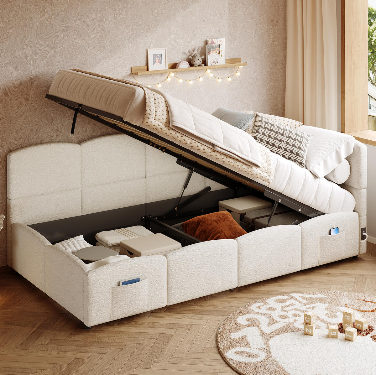 BETT mit hydraulischem Stauraum 90x200 cm Bouclé Beige - Beige, Metall (90/200cm) - Beauniv
