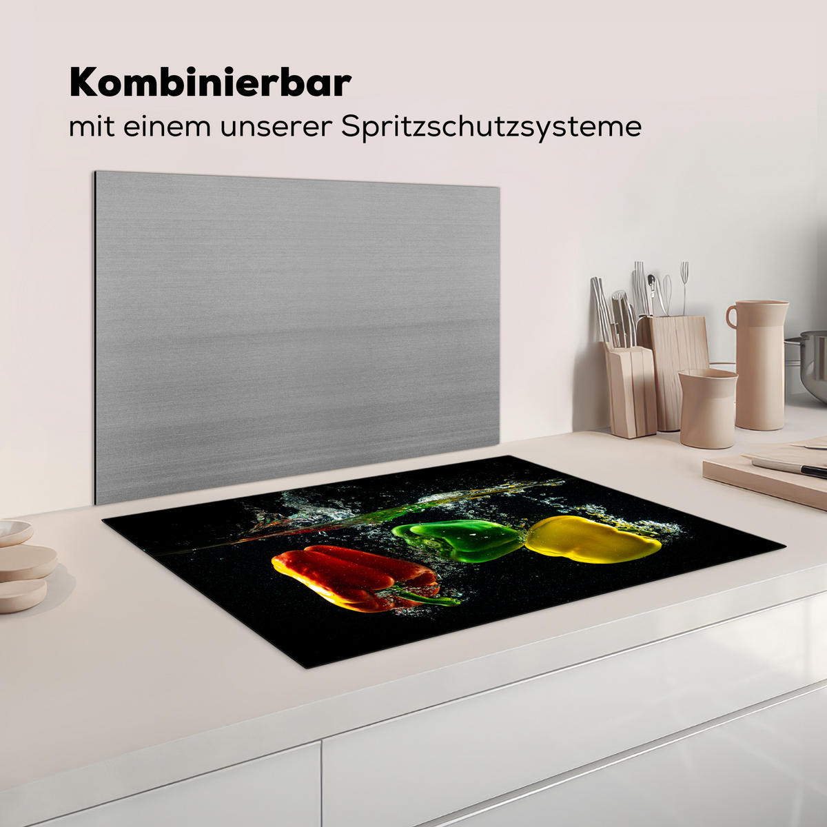 HERDABDECKPLATTE Paprika - Gemüse - Wasser - Schwarz - Rot - Grün - Gelb Ceranfeldabdeckung 76x51.5 cm - Multicolor, Kunststoff (76/51.5/0.2cm) - MuchoWow