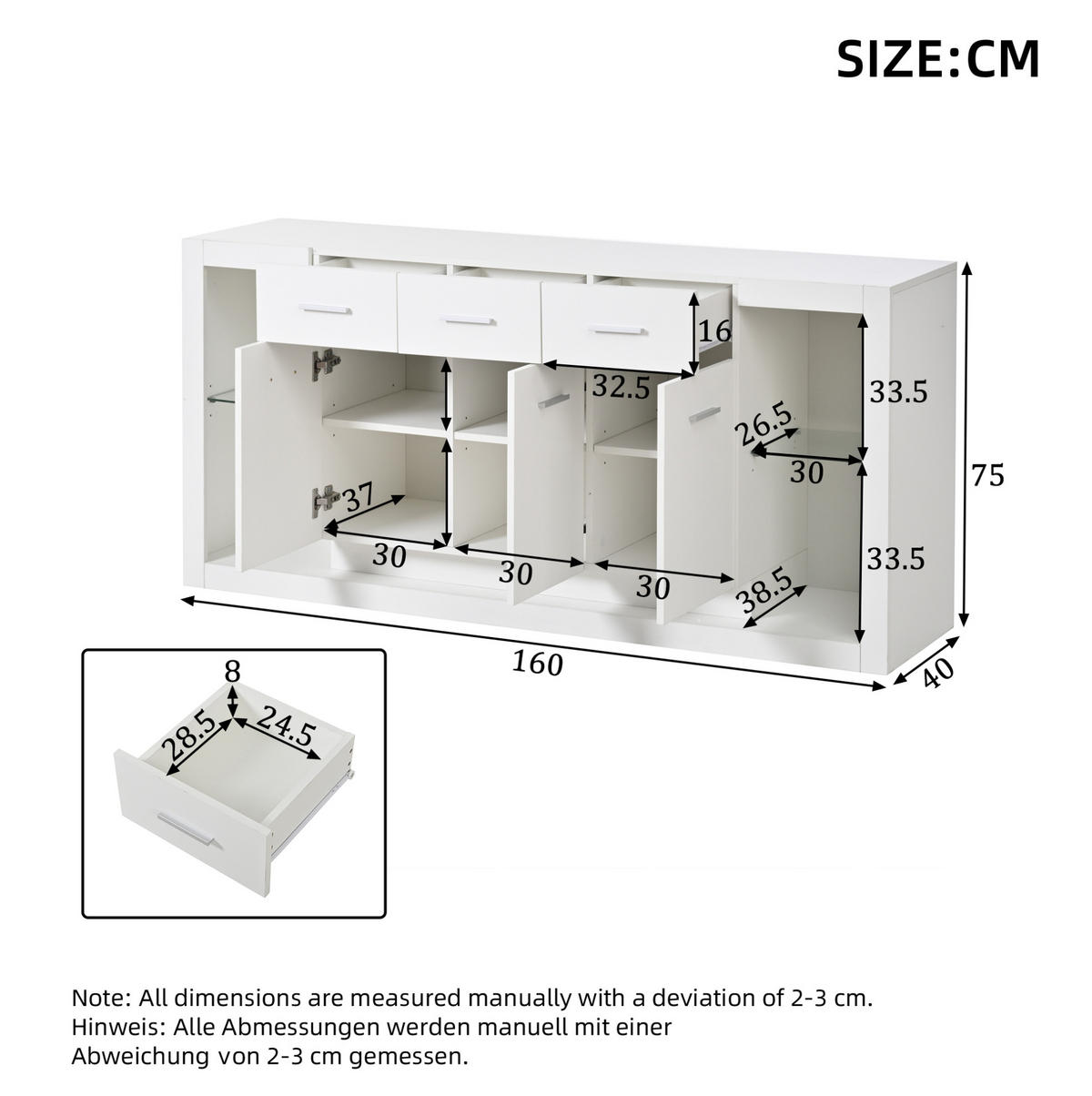 SIDEBOARD aus Spanplatte 160x40x75 cm Weiß mit LED-Beleuchtung, 3 Schubladen und 14 Fächern - Weiß, Holzwerkstoff (160/75/40cm) - IVMEU