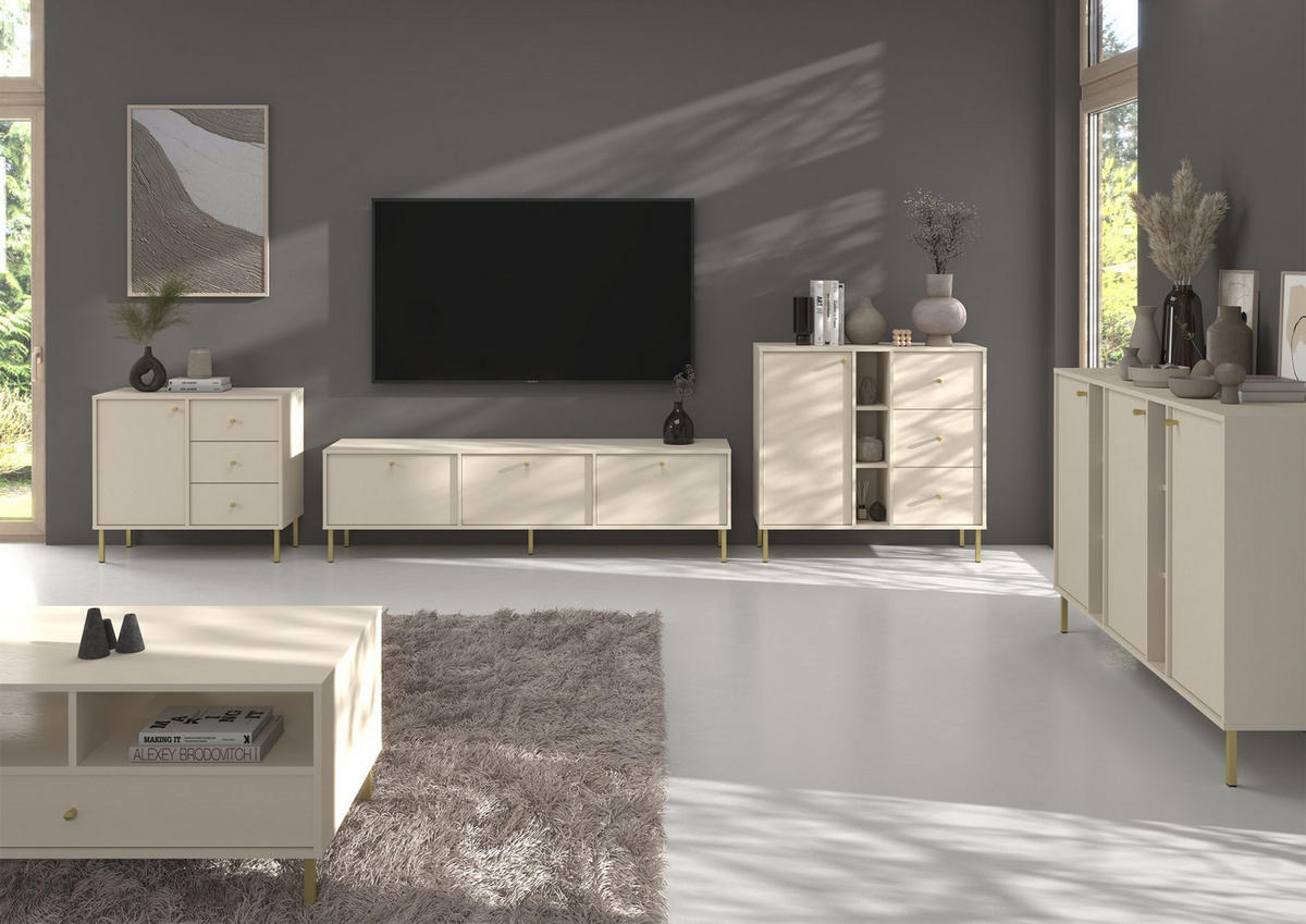 TV-MÖBEL Oktio Sandbeige 180 cm - Beige/Goldfarben, Holzwerkstoff/Metall (180/50/40.8cm) - Selsey