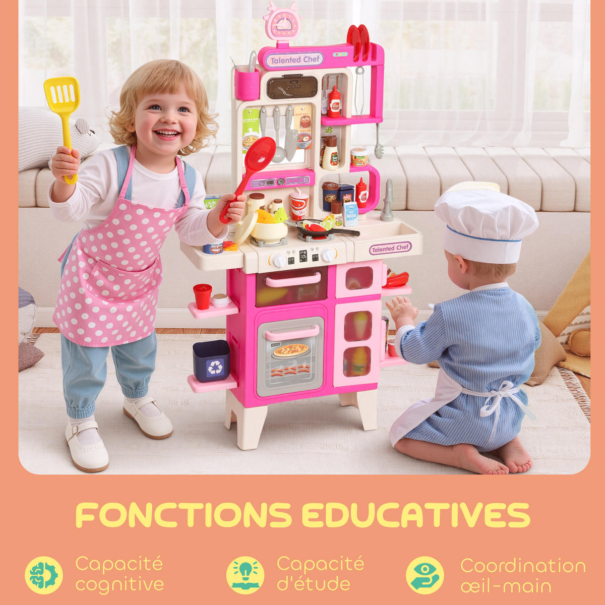 SPIELKÜCHE DE-18738 104-teilig mit Licht, Sound & Nebel Rosa - Pink, Kunststoff (52.5/22/100cm) - ComfortXL