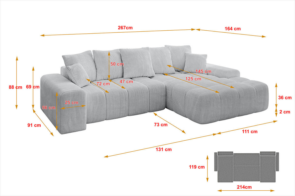 ECKSOFA Ottomane Rechts ENSI-L - 267x164x88 cm Grau - Grau, Holzwerkstoff/Kunststoff (164/267cm) - ALTDECOR