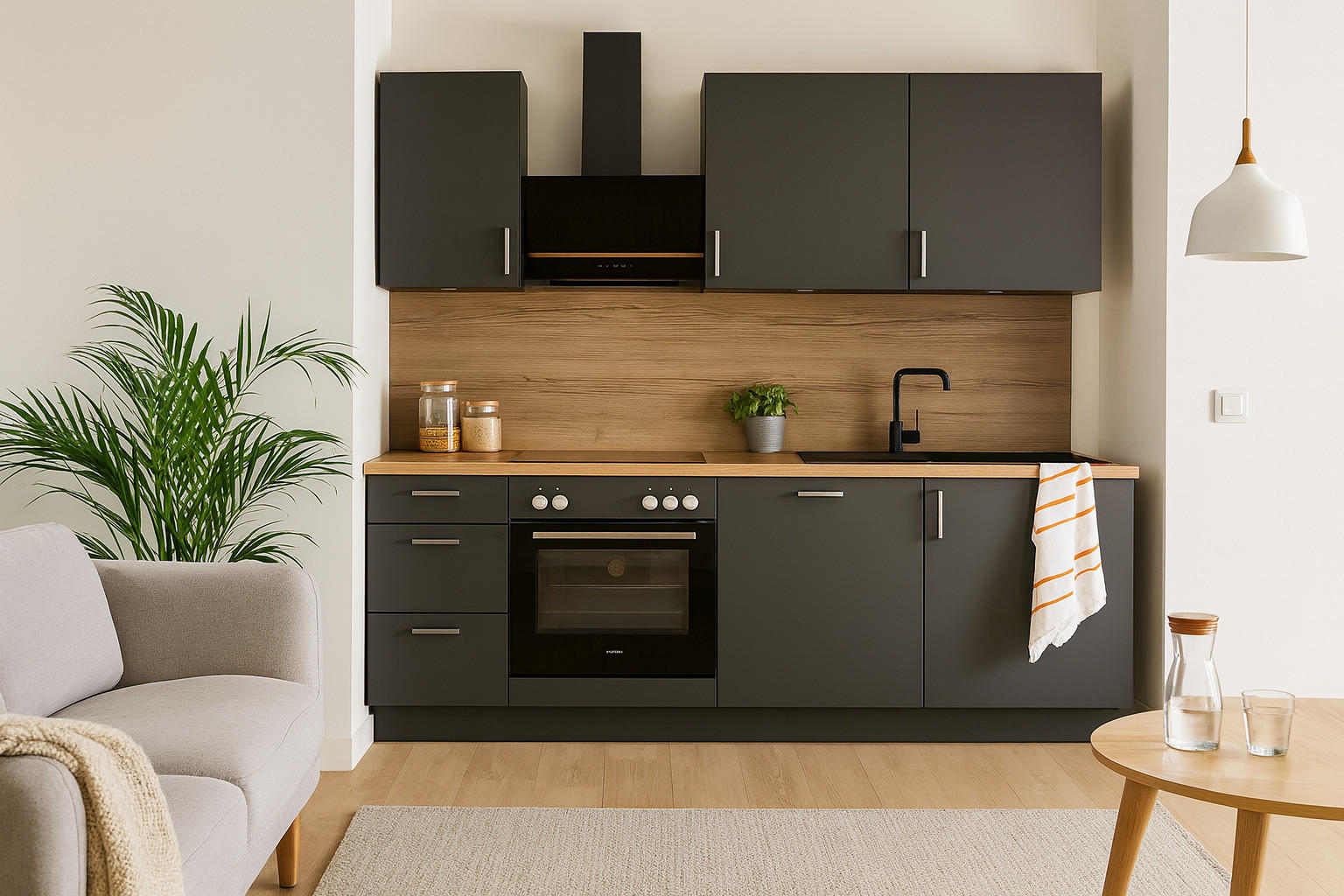 KÜCHENLEERZEILE „Freiburg“ 210 cm – ohne E-Geräte – Diamantgrau – mit Zubehör - Edelstahlfarben/Anthrazit, Holzwerkstoff/Metall (210/210/60cm) - GEBA