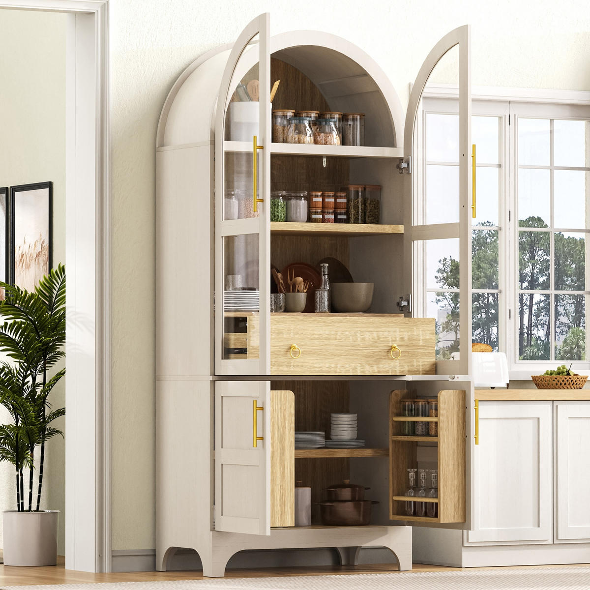 KÜCHENSCHRANK, 76/40/180 cm, MDF und Riffelglas, Weiß, MIT VERSTELLBAREN REGALBÖDEN, für Esszimmer und Küche - Weiß, Holzwerkstoff (40/180/76cm) - Rolipo