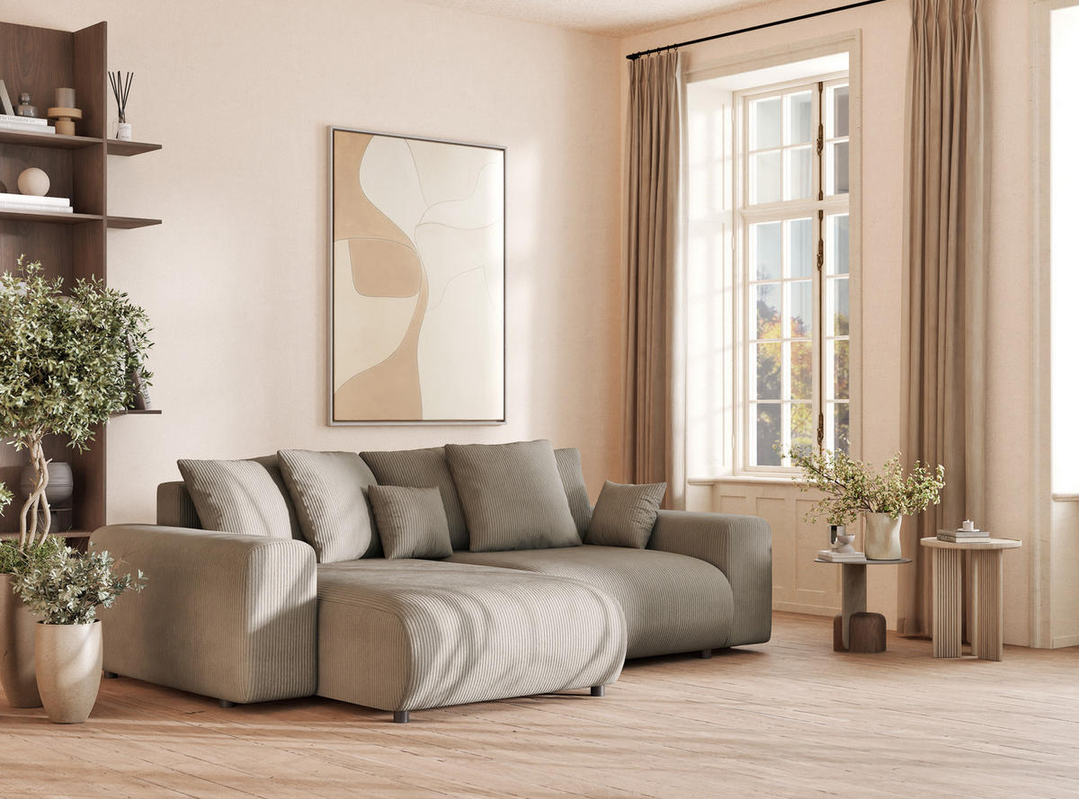ECKSOFA MIT SCHLAFFUNKTION Solo Beige Samtstoff - Beige/Schwarz, Holz/Holzwerkstoff (255/168cm) - Maison de Reve