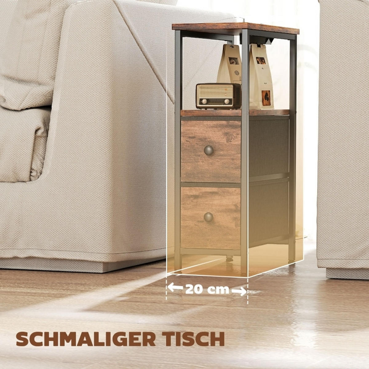 BEISTELLTISCH Rustikalbraun aus Holz mit Ladestation - Braun, Holz (40/20/63cm) - OKMYHOME