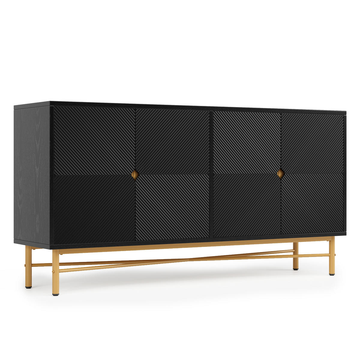 SIDEBOARD Schwarz 4 Türen Gold Griffe Hochglanz 160x40x82cm - Schwarz, Holzwerkstoff (40/82/160cm) - FLIEKS