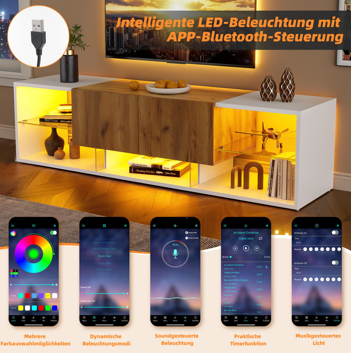 LOWBOARD 160/40/42 cm in Weiß und Eichefarben mit LED-Beleuchtung und 2 Schubladen - Hellbraun, Holzwerkstoff (160/42/40cm) - Flora Grace